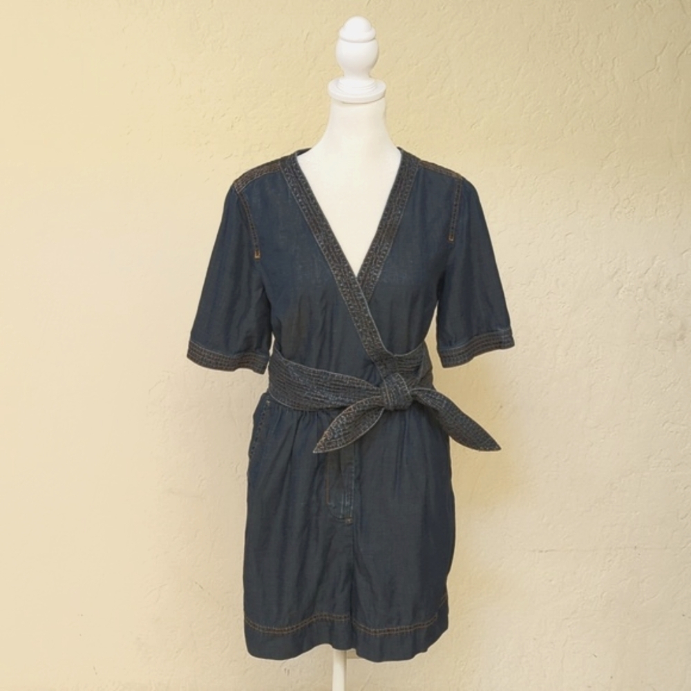 Pilcro by Anthropologie Denim Wrap Short Sleeve Romper Size 4 - Picture 2 of 12